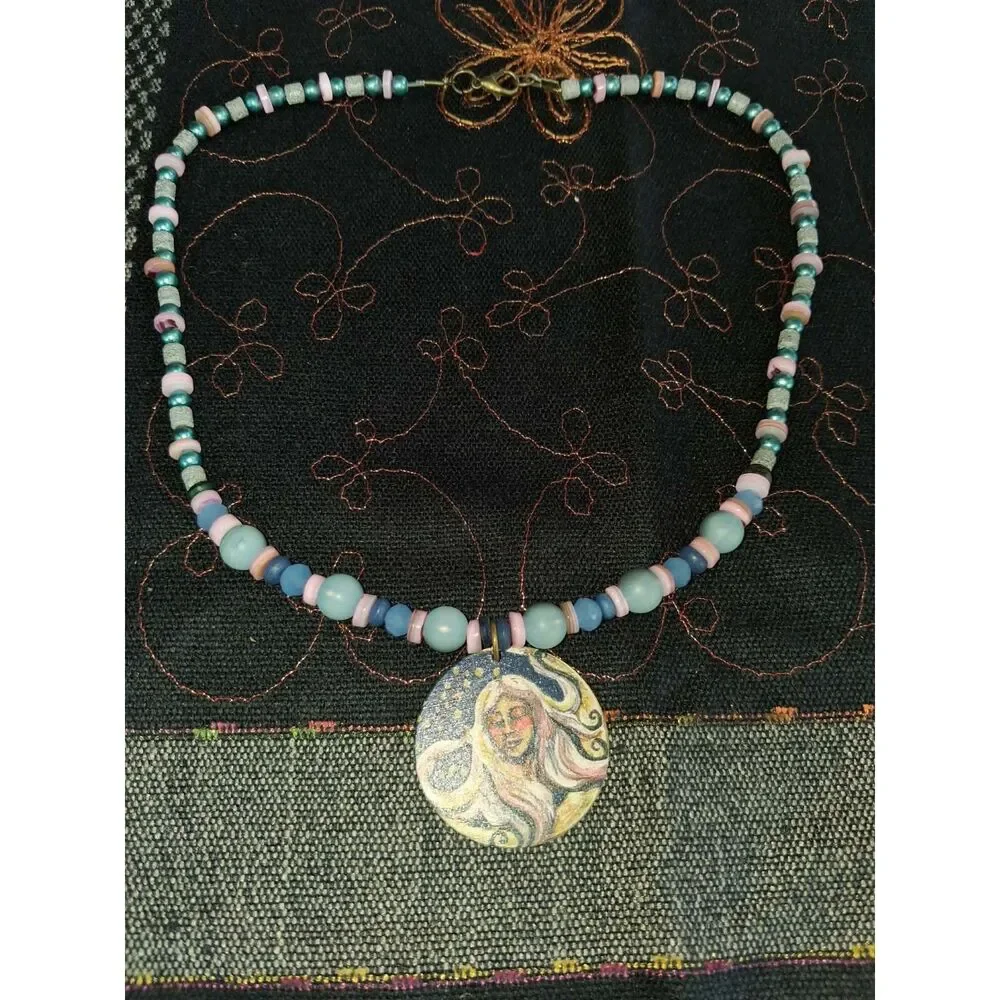 # OOAK Hand-Assembled Art Pendant Necklace Pastel Blue and Cornflower Beaded Cel